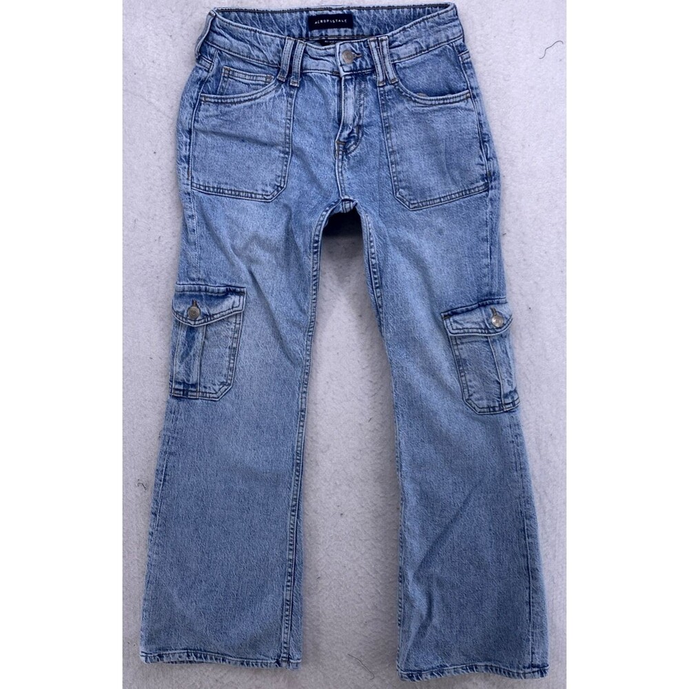 Aeropostale Mid Rise Flare Utility Cargo Jeans Women’s 2S Blue Y2K 28x31 1386